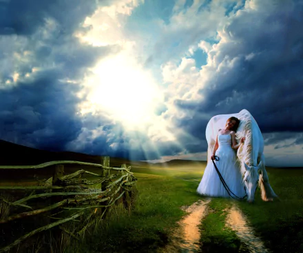 manipulation cloud white dress sunshine sunbeam horse model fantasy woman HD Desktop Wallpaper | Background Image