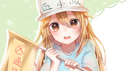 HD anime desktop wallpaper featuring Platelet from Cells at Work! holding a flag with a determined expression against a soft green background.