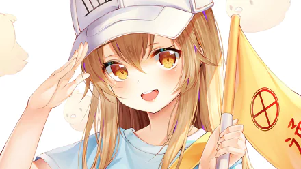 HD wallpaper featuring Platelet from Cells at Work!, depicted as an anime character smiling and holding a flag, against a soft-focus background.