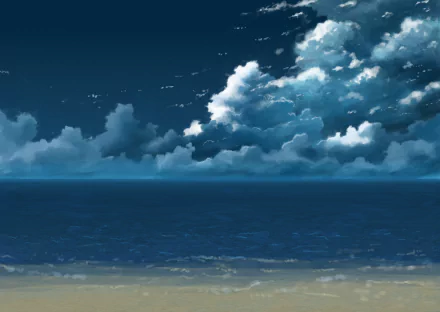 HD anime-style beach scene with deep blue ocean and dramatic clouds, designed as an original desktop wallpaper background.