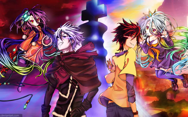 HD desktop wallpaper featuring Shuvi Dola, Riku Dola, Shiro, and Sora from the anime No Game No Life, with vibrant colors and a dynamic background.