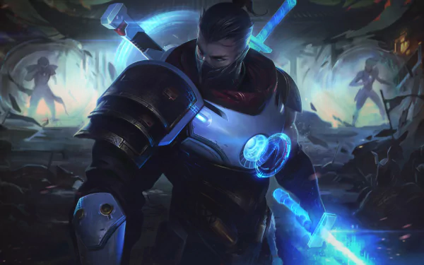 HD desktop wallpaper depicting Shen from League of Legends, wielding a radiant blue sword in a dynamic battle stance.