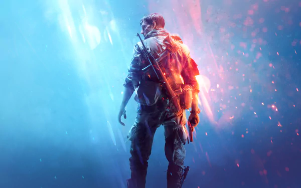 HD desktop wallpaper of Battlefield V, featuring a soldier with a weapon against a vibrant backdrop of blue and red hues, creating a dynamic and intense atmosphere.