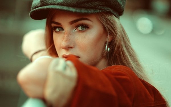 Women Model Face Green Eyes Freckles Blonde Depth Of Field Cap HD Wallpaper | Background Image