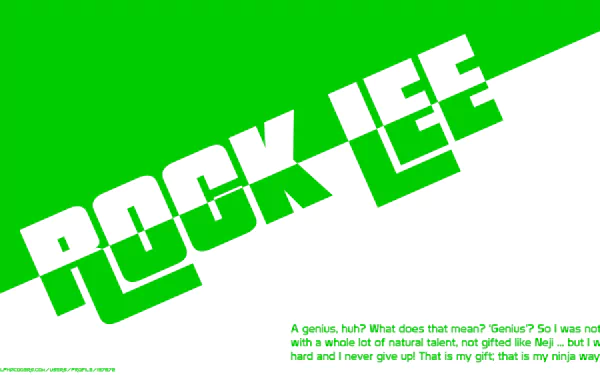 8K Ultra HD PC desktop wallpaper with bold green-and-white diagonal design, giant tilted 'ROCK LEE' text and small quote lines — Naruto anime Rock Lee themed background.