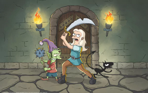 5K Ultra HD PC wallpaper of Bean swinging an umbrella-sword in a torchlit dungeon, flanked by Elfo with a mace and the demon Luci — characters from the TV show Disenchantment.