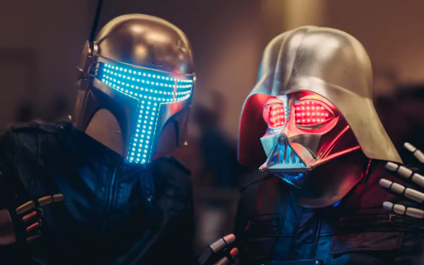A vibrant HD wallpaper featuring Boba Fett and Darth Vader, blending Star Wars elements with Daft Punk aesthetics through unique glowing helmets and a stylish sci-fi vibe.
