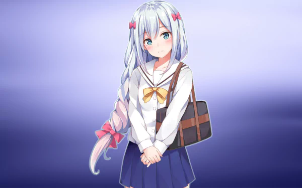 An HD desktop wallpaper of Sagiri Izumi from EroManga-Sensei. She is depicted in a school uniform, with long blue and white hair, set against a soft gradient background.