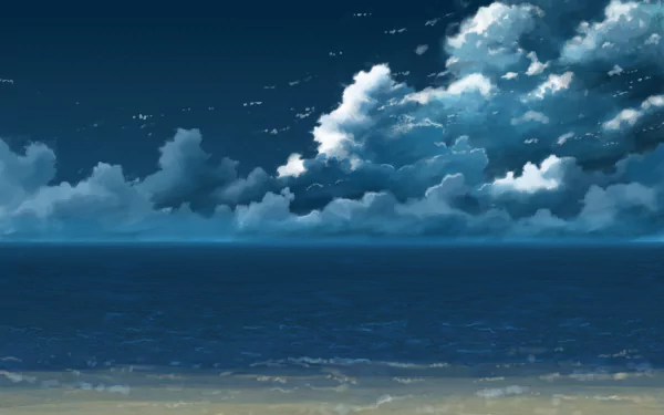 HD anime-style beach scene with deep blue ocean and dramatic clouds, designed as an original desktop wallpaper background.