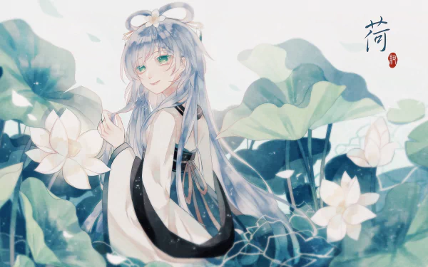 HD anime desktop wallpaper featuring Luo Tianyi, a Vocaloid character, surrounded by lotus flowers in a serene, pastel-colored setting.