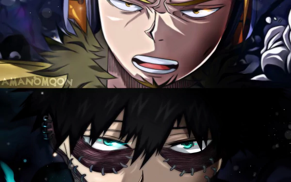HD anime wallpaper featuring close-ups of Hawks (Keigo Takami) and Dabi from My Hero Academia, highlighting intense expressions and detailed art style.