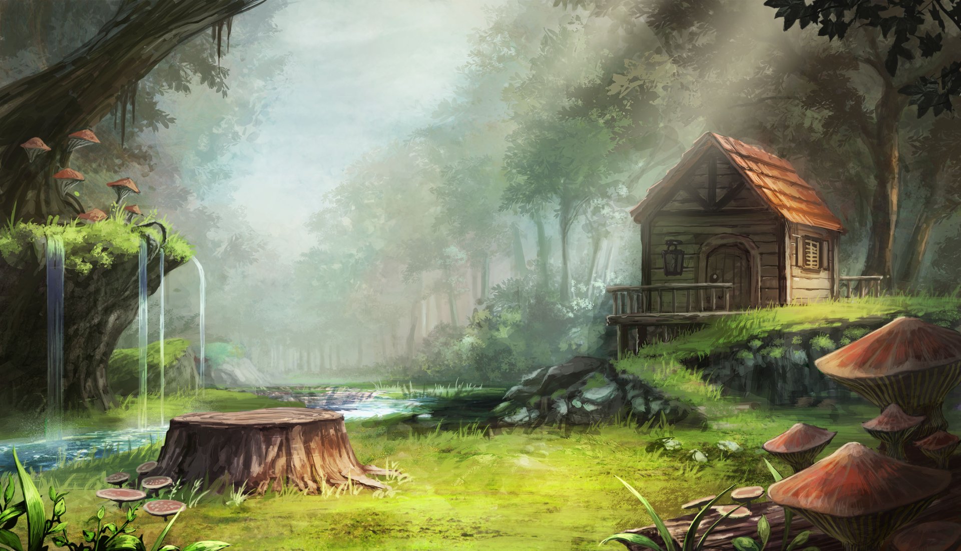 HD anime-style desktop wallpaper of a serene forest scene featuring a small wooden house, lush greenery, mushrooms, and a gentle waterfall under soft sunlight.