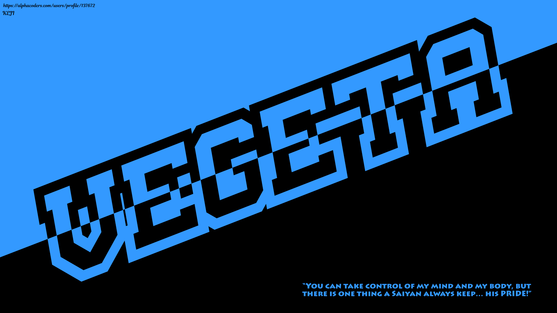 Bold diagonal VEGETA logo across a blue and black split background — Vegeta (Dragon Ball) anime art from Dragon Ball Super, 8K Ultra HD PC desktop wallpaper.