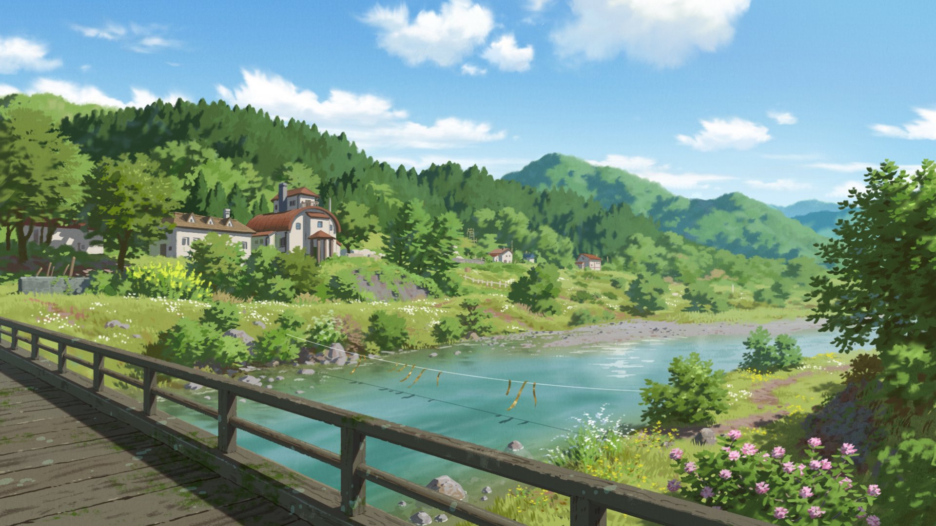 HD Anime wallpaper featuring a tranquil house beside a river, surrounded by lush green mountains and clear blue skies, creating a serene, picturesque scene.