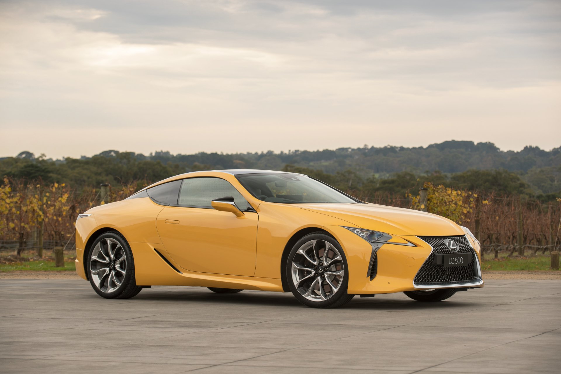 Yellow Lexus LC 500 parked on a road with vineyards and an overcast sky — 2K Quad HD PC desktop wallpaper.
