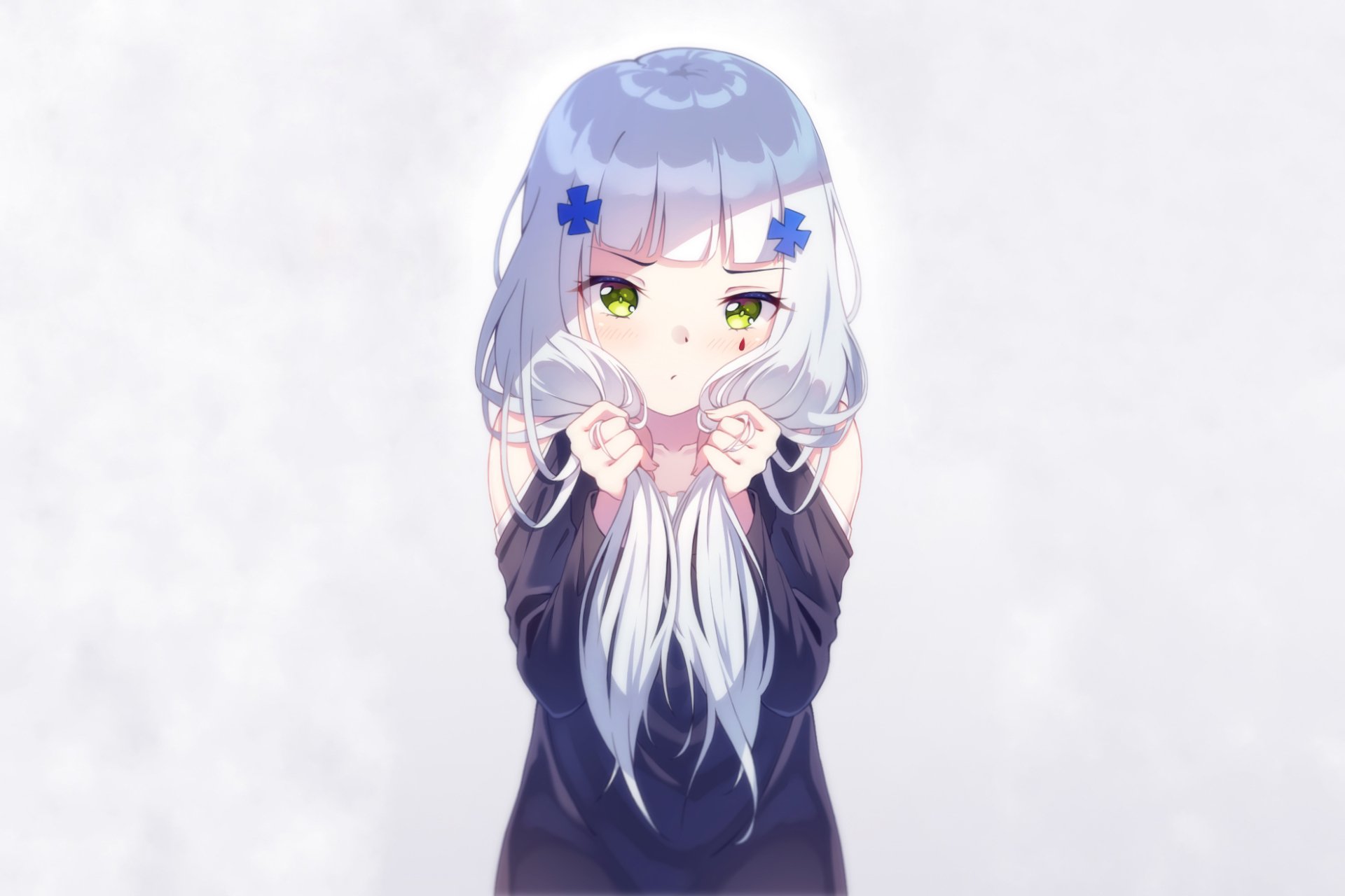 HD PC desktop wallpaper of HK416 (Girls Frontline) from the video game: silver-white hair, green eyes, blue hair clips, hands clasped near chest on a soft pale background.