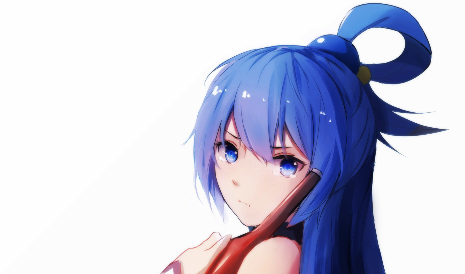 A high-definition PC desktop wallpaper featuring Aqua, the blue-haired anime character from KonoSuba - God’s blessing on this wonderful world!!.