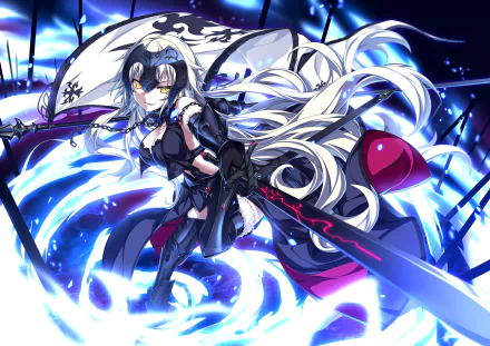 HD desktop wallpaper featuring Jeanne d'Arc Alter from Fate/Grand Order; an anime character with long white hair, wielding a sword in a dynamic, glowing blue background.