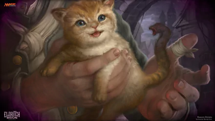 HD desktop wallpaper featuring a cat held by a hand, inspired by Magic: The Gathering's Eldritch Moon and Harmless Offering card art.