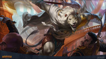 HD desktop wallpaper featuring a fierce Leonin warrior from Magic: The Gathering's Kaladesh set, showcasing action from the Impeccable Timing card artwork.