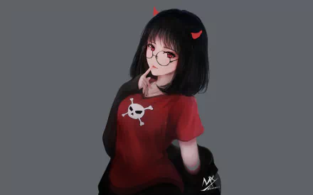Anime girl with black hair, red eyes, and horns, wearing glasses and a red T-shirt with a skull design, suitable as an HD desktop wallpaper.