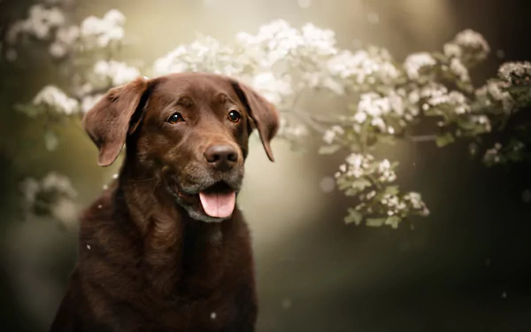HD desktop wallpaper featuring a Chesapeake Bay Retriever dog with a blurred background of white flowers.