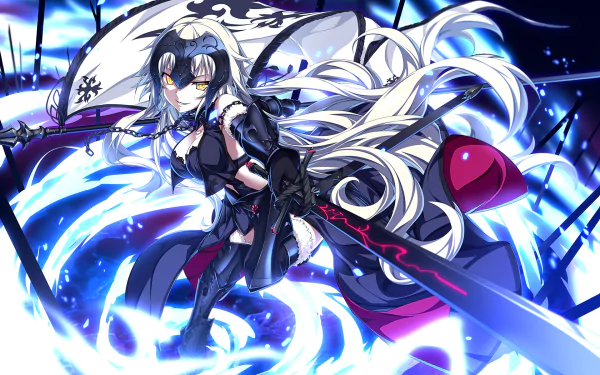 HD desktop wallpaper featuring Jeanne d'Arc Alter from Fate/Grand Order; an anime character with long white hair, wielding a sword in a dynamic, glowing blue background.