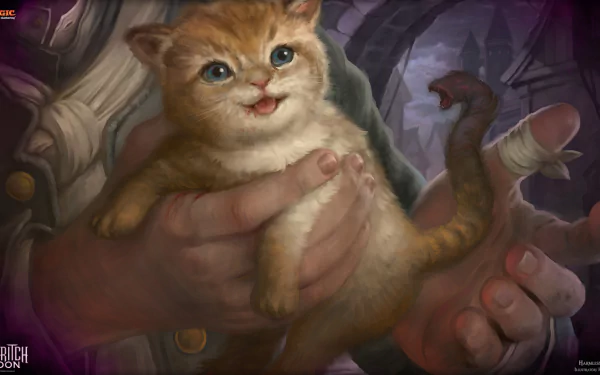 HD desktop wallpaper featuring a cat held by a hand, inspired by Magic: The Gathering's Eldritch Moon and Harmless Offering card art.