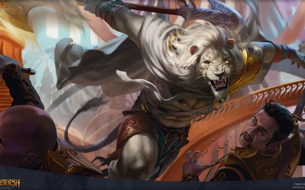 HD desktop wallpaper featuring a fierce Leonin warrior from Magic: The Gathering's Kaladesh set, showcasing action from the Impeccable Timing card artwork.