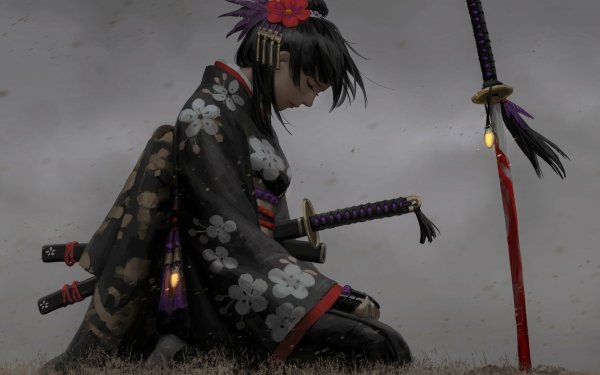 Anime Original Kimono Sword Black Hair Hair Ornament Short Hair Katana HD Wallpaper | Background Image