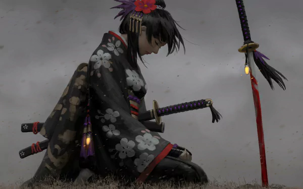 Anime character with short black hair and a hair ornament, wearing a kimono and kneeling beside a katana. This is a HD desktop wallpaper and background.