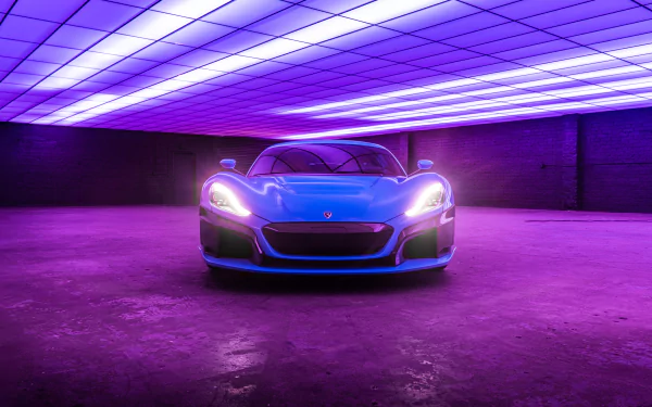 A sleek Rimac Nevera supercar illuminated by vibrant purple and blue neon lights in a futuristic garage, captured in 4K Ultra HD quality.