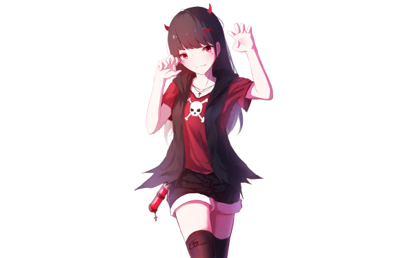 Anime Girl Black Hair Red Eyes Long Hair Smile Shorts HD Wallpaper | Background Image
