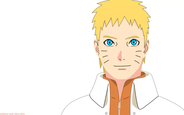 Minimalist 8K Ultra HD anime wallpaper featuring Naruto Uzumaki, the Hokage, with blue eyes and a gentle smile on a clean white background.