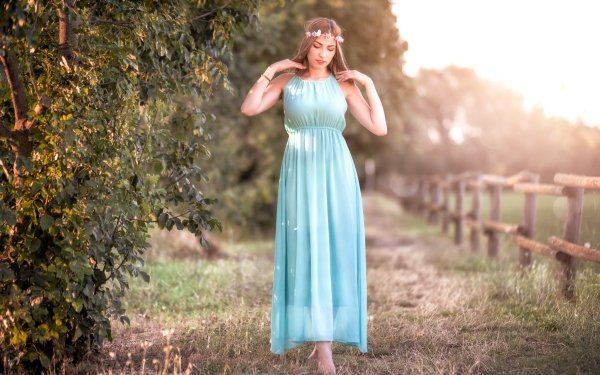 Women Mood Model Depth Of Field Brunette Blue Dress HD Wallpaper | Background Image