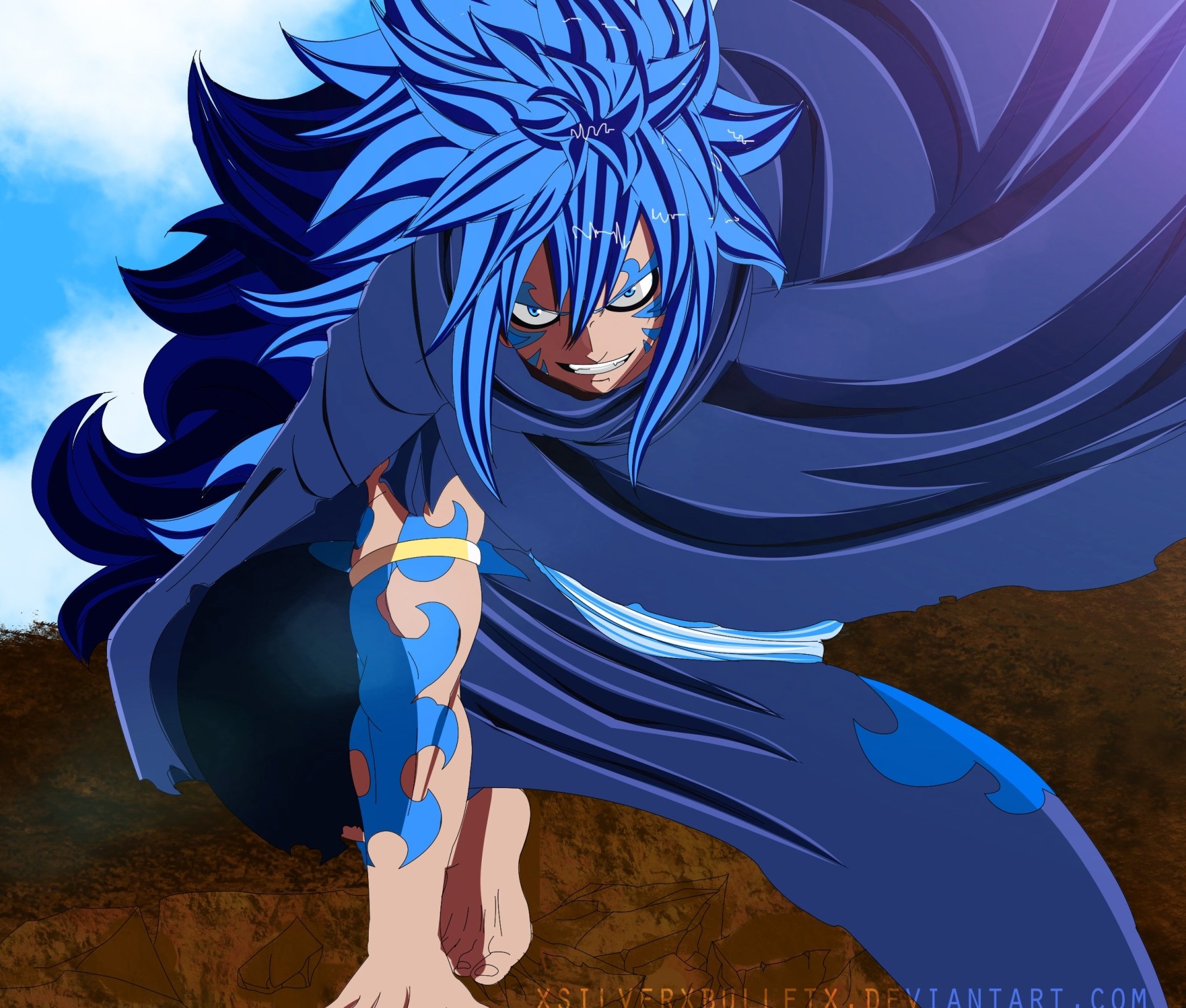 HD PC desktop wallpaper featuring Acnologia from the anime Fairy Tail, showcasing his intense expression and dynamic pose against a vivid sky and rugged landscape.