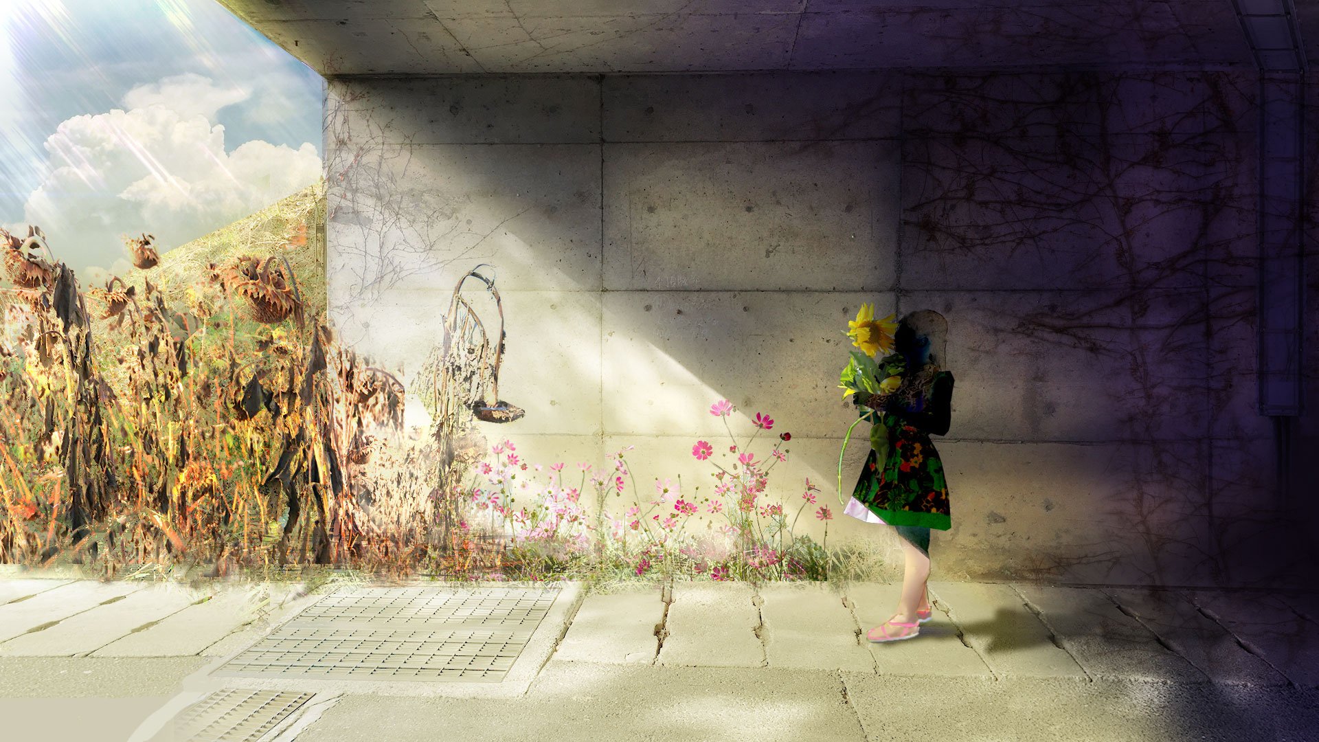 HD anime-style original desktop wallpaper featuring a girl in a green coat standing on a sunlit urban street with flowers growing through cracks under a concrete overpass.