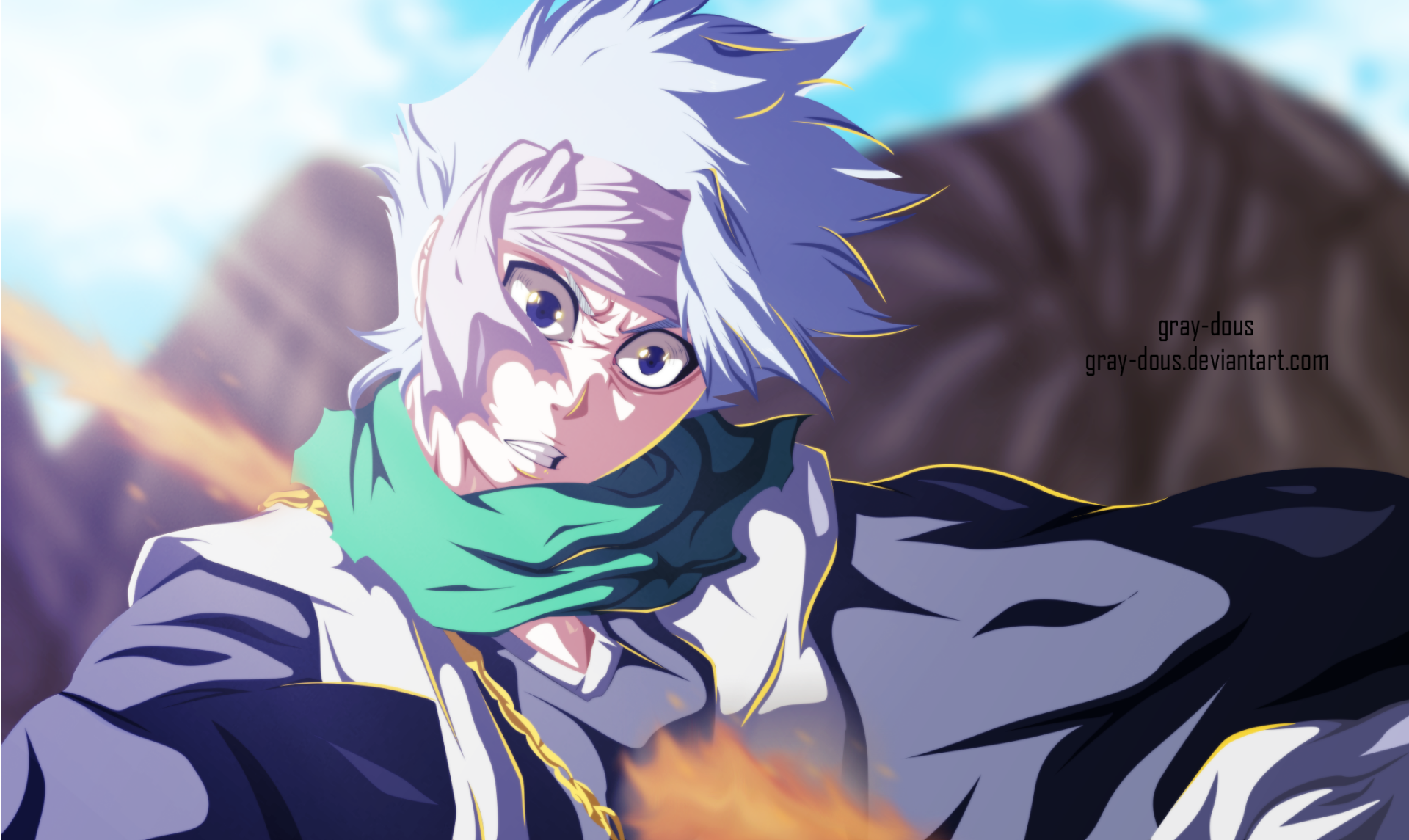 Tōshirō Hitsugaya (Bleach) in an HD anime PC desktop wallpaper/background: icy blue-haired Soul Reaper captain poised dramatically against a stormy, snowy sky.