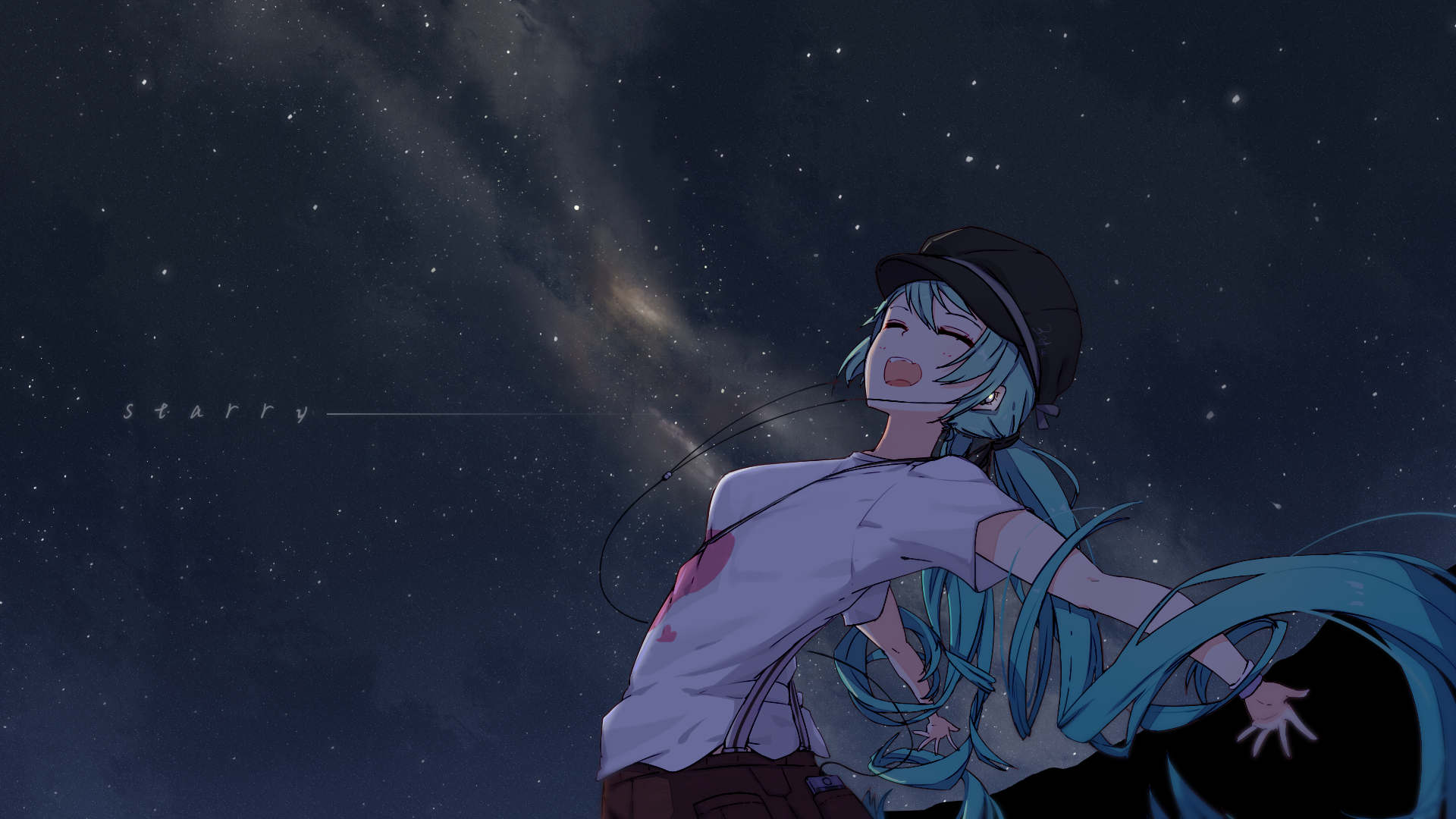 HD anime desktop wallpaper featuring Hatsune Miku from Vocaloid, set against a starry night sky with cosmic elements glowing softly in the background.