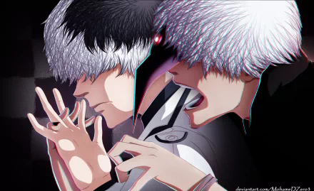 HD PC desktop wallpaper featuring Haise Sasaki and Ken Kaneki from the anime Tokyo Ghoul:re with contrasting intense expressions and dark, detailed art style.