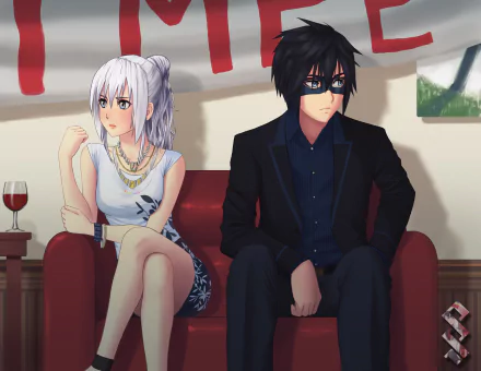 HD anime original wallpaper featuring a white-haired woman in a dress and a black-haired man in a suit sitting on a red couch, with a glass of wine on the side table.