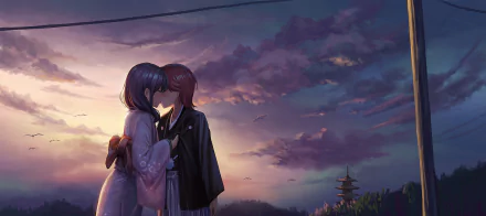 HD anime wallpaper of Futuba Isurugi and Kaoruko Hanayagi sharing a tender yuri moment from Shoujo☆Kageki Revue Starlight against a twilight sky backdrop.
