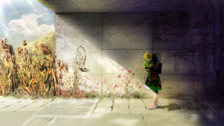 HD anime-style original desktop wallpaper featuring a girl in a green coat standing on a sunlit urban street with flowers growing through cracks under a concrete overpass.