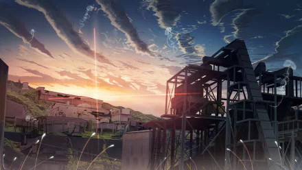 HD anime-style desktop wallpaper featuring a serene sunset over an industrial village with detailed architecture and dynamic skies.
