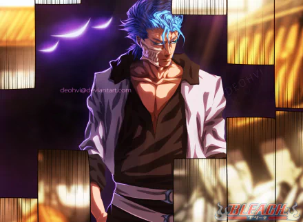 HD anime wallpaper featuring Grimmjow Jaegerjaquez from Bleach, showcasing his intense expression and signature blue hair in dynamic lighting.