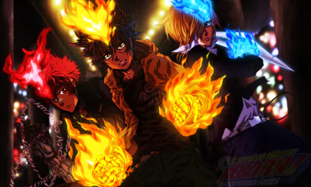 HD anime desktop wallpaper featuring Enma Kozato, Basil, and Tsunayoshi Sawada from Katekyō Hitman Reborn! with vibrant fiery and blue flames.