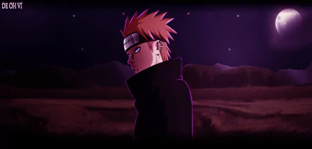 HD anime desktop wallpaper featuring Yahiko from Naruto standing against a dark, starry night with mountains in the background, highlighting the Pain storyline.