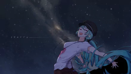 HD anime desktop wallpaper featuring Hatsune Miku from Vocaloid, set against a starry night sky with cosmic elements glowing softly in the background.