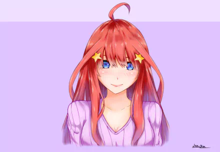 4K Ultra HD anime wallpaper of Itsuki Nakano from The Quintessential Quintuplets, featuring her vibrant red hair and star-shaped hair accessories against a soft lavender background.