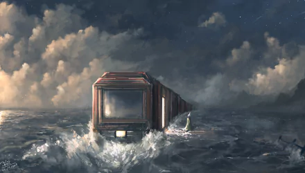 HD Sci-Fi desktop wallpaper depicting a train traveling through rough ocean waters beneath a cloudy sky.